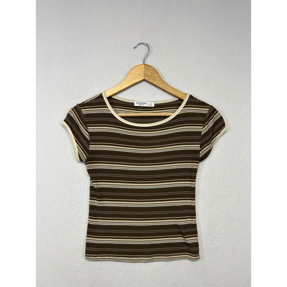 Y2K Grunge Arizona Jean Co Womens S Brown Striped Ribbed Cap Sleeve Baby Tee